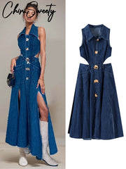Sexy Denim Hollow Out Sleeveless Turndown Collar Side Split Long Dress