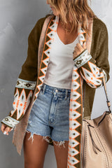 Brown Aztec Print Open Front Knitted Cardigan