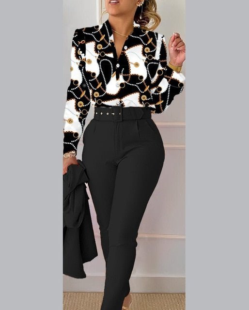 2 Piece Elegant Women Long Sleeve High Waisted Pants - Polished 24/7