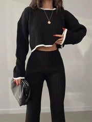 2 Pieces Knitted Tracksuit O-Neck Sweater and Wide Leg Jogging Pants - Polished 24/7