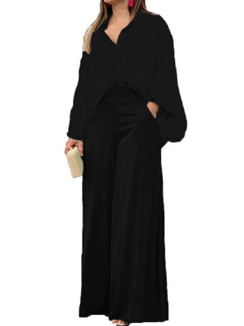 2023 European and American Women's New Print Casual Suit Loose Large Polo Shirt High Waist Wide Leg Pants 2 Piece Set - Polished 24/7