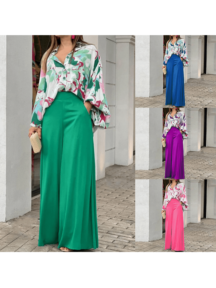 2023 European and American Women's New Print Casual Suit Loose Large Polo Shirt High Waist Wide Leg Pants 2 Piece Set - Polished 24/7