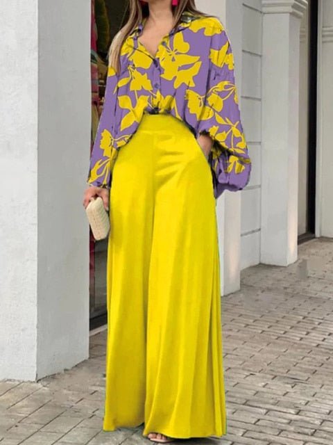 2023 European and American Women's New Print Casual Suit Loose Large Polo Shirt High Waist Wide Leg Pants 2 Piece Set - Polished 24/7