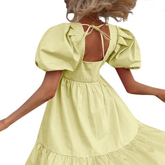 Women's Off Shoulder Flounce Puffy Sleeve High Waist Ruffles Mini Dress Bohemian style Prom A-Line Dress