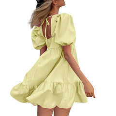 Women's Off Shoulder Flounce Puffy Sleeve High Waist Ruffles Mini Dress Bohemian style Prom A-Line Dress