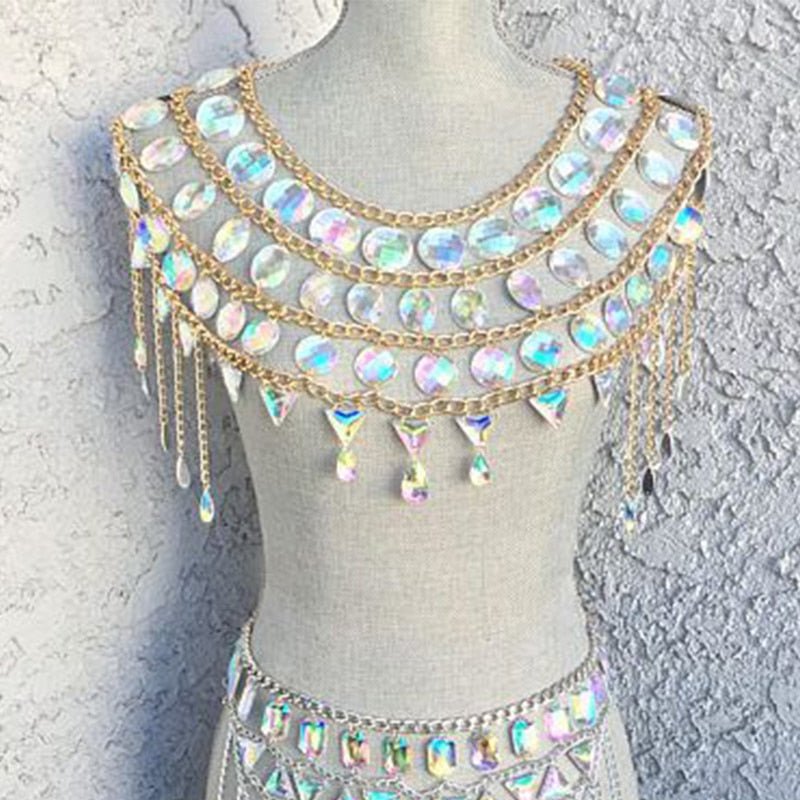 AKYZO Crazy Crystal Sequin Women 2 Piece Sets Funny Festival Outfits Handmade Patchwork Metal Tassel Chain Crop Top Women's Set - Polished 24/7