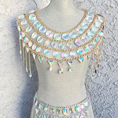 AKYZO Crazy Crystal Sequin Women 2 Piece Sets Funny Festival Outfits Handmade Patchwork Metal Tassel Chain Crop Top Women's Set - Polished 24/7