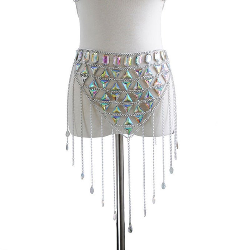 AKYZO Crazy Crystal Sequin Women 2 Piece Sets Funny Festival Outfits Handmade Patchwork Metal Tassel Chain Crop Top Women's Set - Polished 24/7