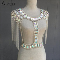 AKYZO Crazy Crystal Sequin Women 2 Piece Sets Funny Festival Outfits Handmade Patchwork Metal Tassel Chain Crop Top Women's Set - Polished 24/7