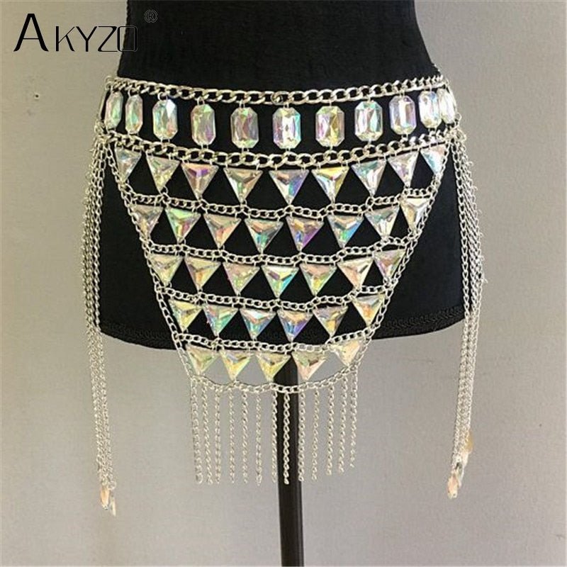 AKYZO Crazy Crystal Sequin Women 2 Piece Sets Funny Festival Outfits Handmade Patchwork Metal Tassel Chain Crop Top Women's Set - Polished 24/7