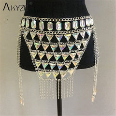 AKYZO Crazy Crystal Sequin Women 2 Piece Sets Funny Festival Outfits Handmade Patchwork Metal Tassel Chain Crop Top Women's Set - Polished 24/7