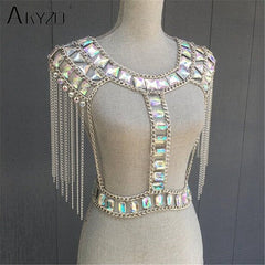 AKYZO Crazy Crystal Sequin Women 2 Piece Sets Funny Festival Outfits Handmade Patchwork Metal Tassel Chain Crop Top Women's Set - Polished 24/7