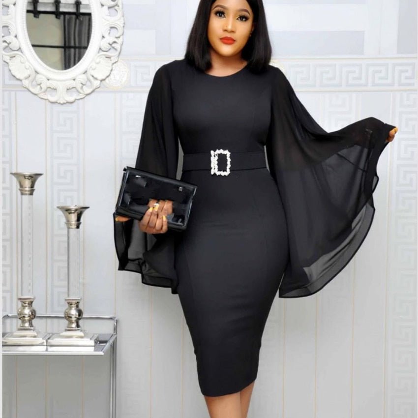 Black Elegant Party Chiffon Flare Long Sleeve Bodycon Midi Dress - Polished 24/7