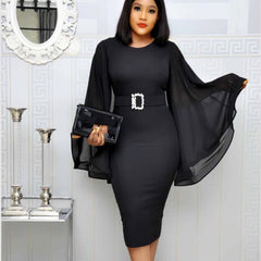 Black Elegant Party Chiffon Flare Long Sleeve Bodycon Midi Dress - Polished 24/7