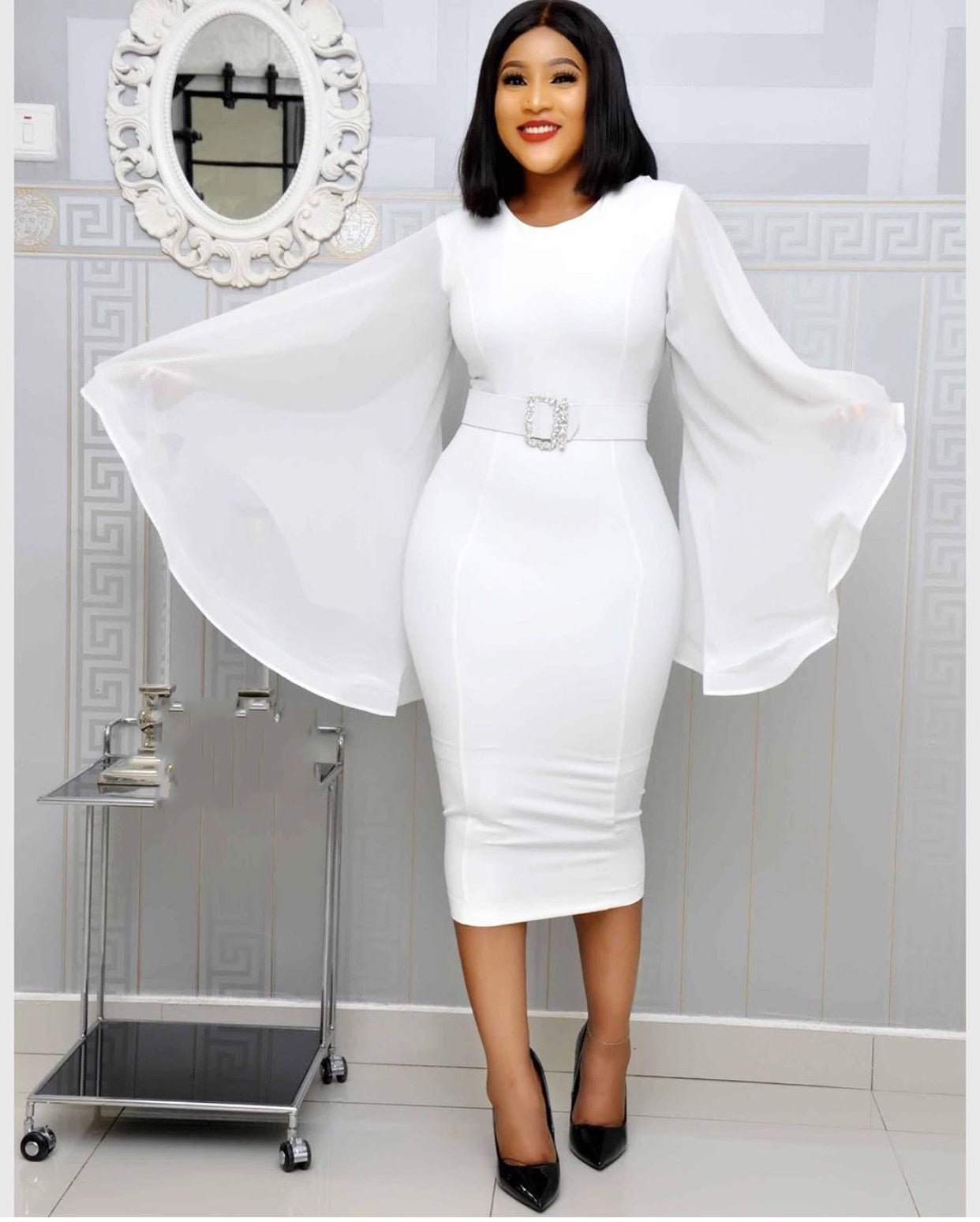 Black Elegant Party Chiffon Flare Long Sleeve Bodycon Midi Dress - Polished 24/7