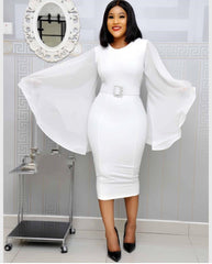 Black Elegant Party Chiffon Flare Long Sleeve Bodycon Midi Dress - Polished 24/7