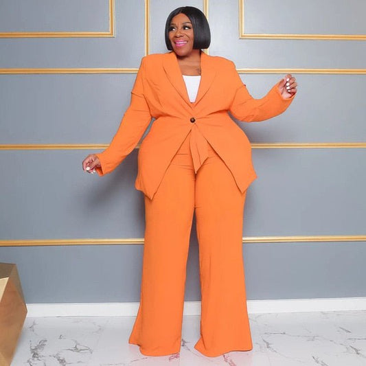 CM.YAYA Fashion Plus Size Women's Set Long Sleeve Blazer and Wide Leg Pants Suit 2023 Summer Two 2 Piece Set Outfits Tracksuit - Polished 24/7