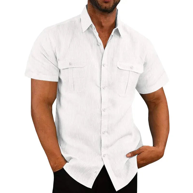 Cotton Linen Casual Short Sleeve Solid Color Turn Down Collar Shirt 5XL - Polished 24/7