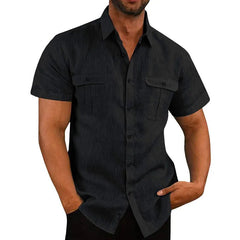 Cotton Linen Casual Short Sleeve Solid Color Turn Down Collar Shirt 5XL - Polished 24/7