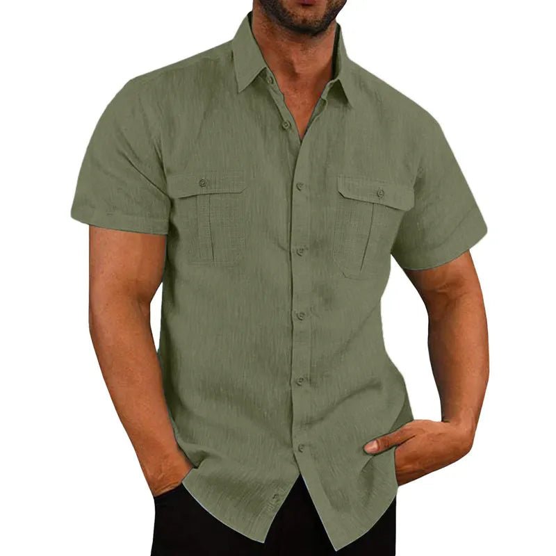 Cotton Linen Casual Short Sleeve Solid Color Turn Down Collar Shirt 5XL - Polished 24/7
