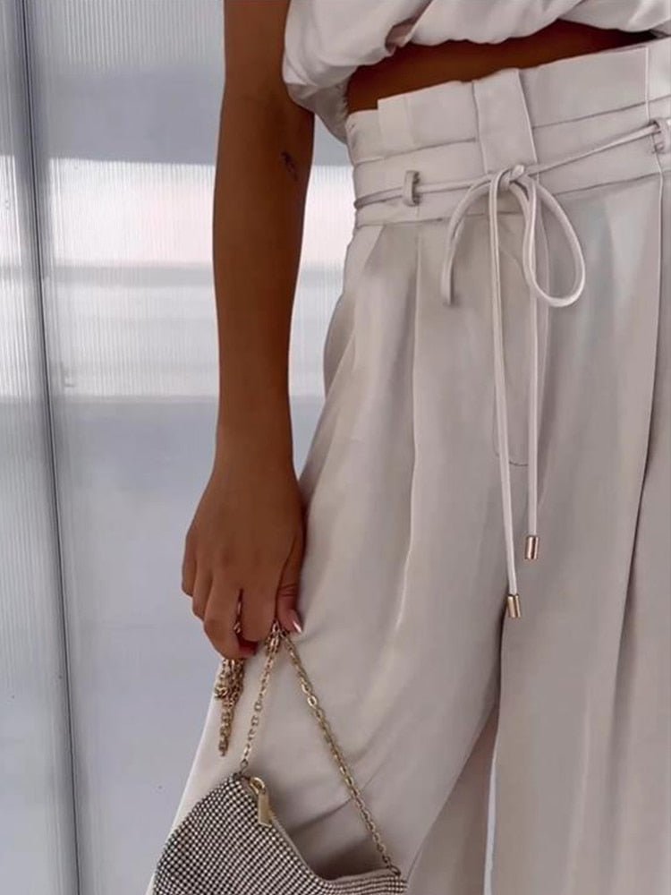 Drauuing Beige Two Piece Pants Sets Women Outfit Silk Pleated Texture Sleeveless Top Wide Leg Pants Set Summer Matching Sets - Polished 24/7