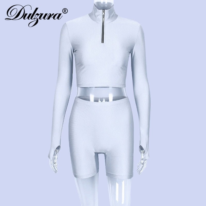 Dulzura 2019 autumn winter women sexy long sleeve neck zipper crop top high waist stretch shorts workout fitness 2 two piece set - Polished 24/7