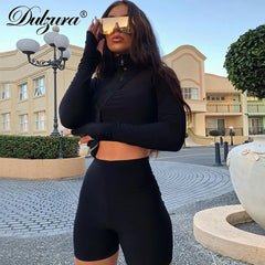 Dulzura 2019 autumn winter women sexy long sleeve neck zipper crop top high waist stretch shorts workout fitness 2 two piece set - Polished 24/7