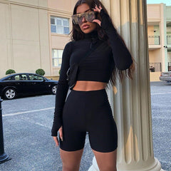Dulzura 2019 autumn winter women sexy long sleeve neck zipper crop top high waist stretch shorts workout fitness 2 two piece set - Polished 24/7