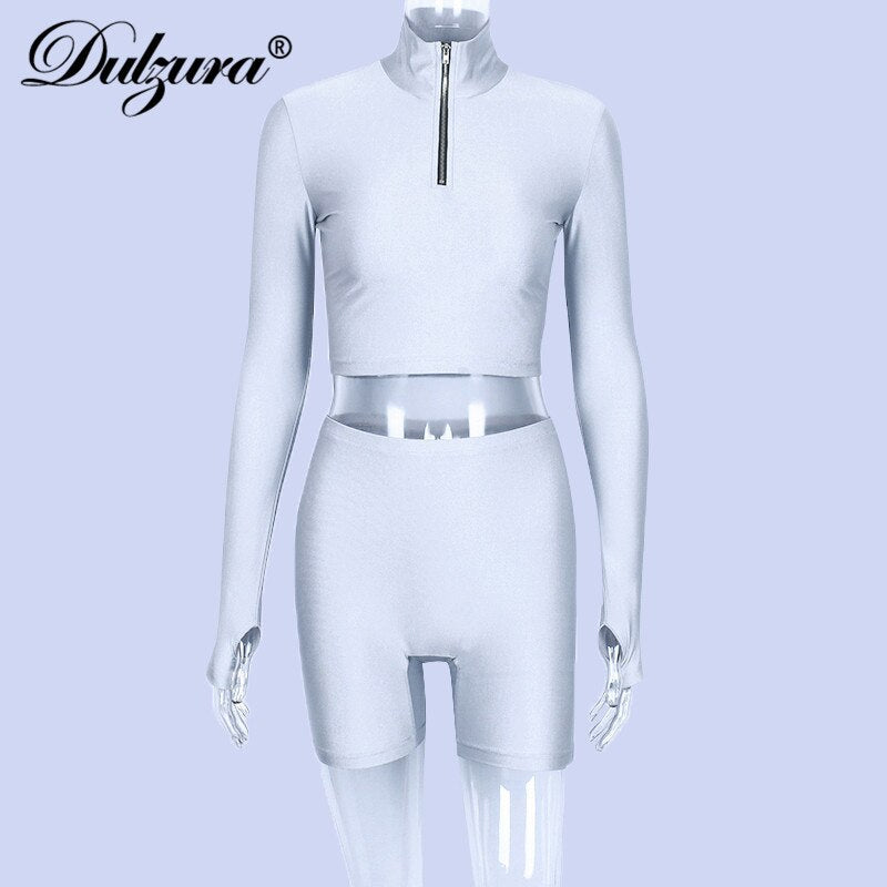 Dulzura 2019 autumn winter women sexy long sleeve neck zipper crop top high waist stretch shorts workout fitness 2 two piece set - Polished 24/7