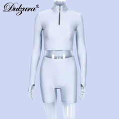 Dulzura 2019 autumn winter women sexy long sleeve neck zipper crop top high waist stretch shorts workout fitness 2 two piece set - Polished 24/7