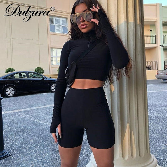 Dulzura 2019 autumn winter women sexy long sleeve neck zipper crop top high waist stretch shorts workout fitness 2 two piece set - Polished 24/7