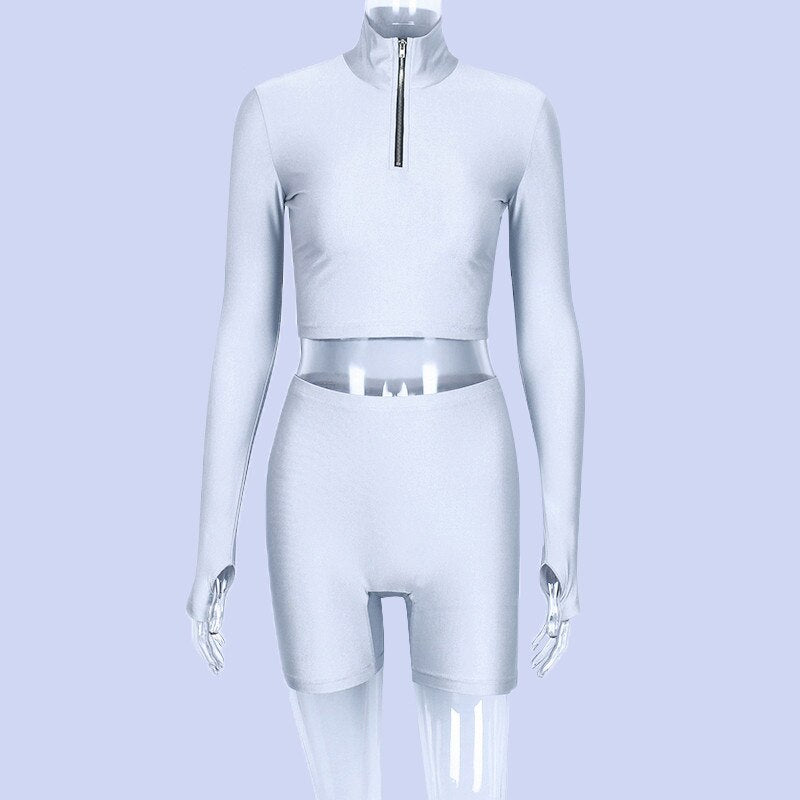 Dulzura 2019 autumn winter women sexy long sleeve neck zipper crop top high waist stretch shorts workout fitness 2 two piece set - Polished 24/7