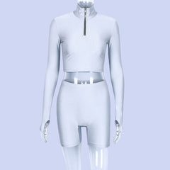 Dulzura 2019 autumn winter women sexy long sleeve neck zipper crop top high waist stretch shorts workout fitness 2 two piece set - Polished 24/7