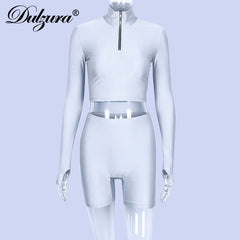 Dulzura 2019 autumn winter women sexy long sleeve neck zipper crop top high waist stretch shorts workout fitness 2 two piece set - Polished 24/7