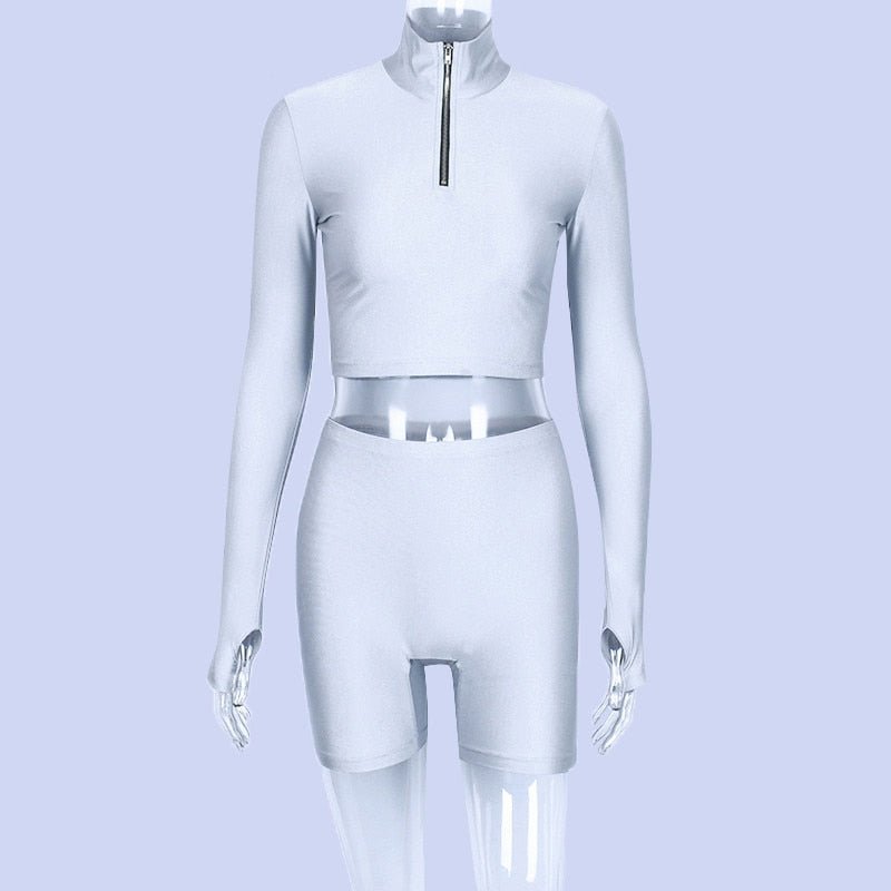 Dulzura 2019 autumn winter women sexy long sleeve neck zipper crop top high waist stretch shorts workout fitness 2 two piece set - Polished 24/7