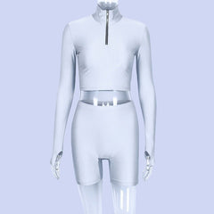 Dulzura 2019 autumn winter women sexy long sleeve neck zipper crop top high waist stretch shorts workout fitness 2 two piece set - Polished 24/7