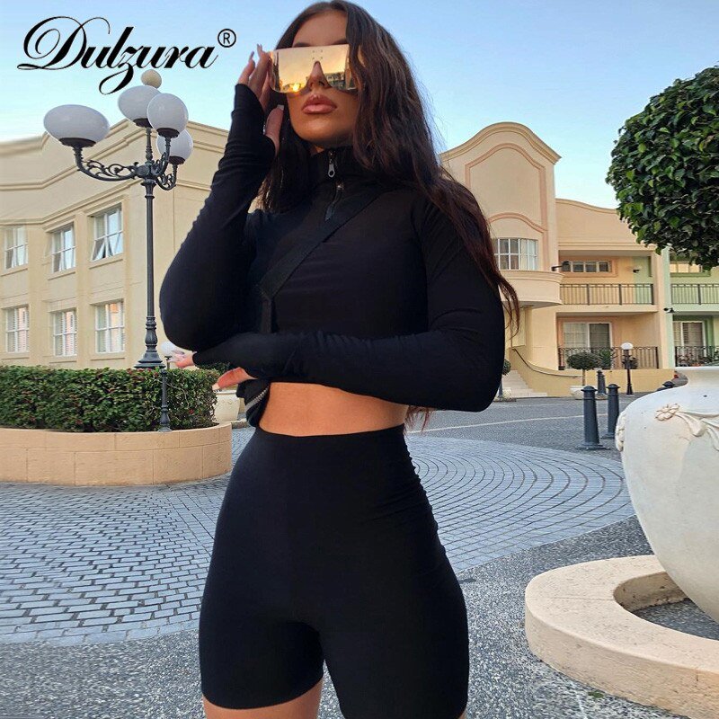 Dulzura 2019 autumn winter women sexy long sleeve neck zipper crop top high waist stretch shorts workout fitness 2 two piece set - Polished 24/7