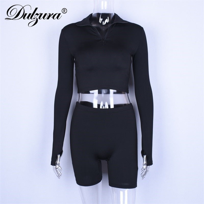 Dulzura 2019 autumn winter women sexy long sleeve neck zipper crop top high waist stretch shorts workout fitness 2 two piece set - Polished 24/7