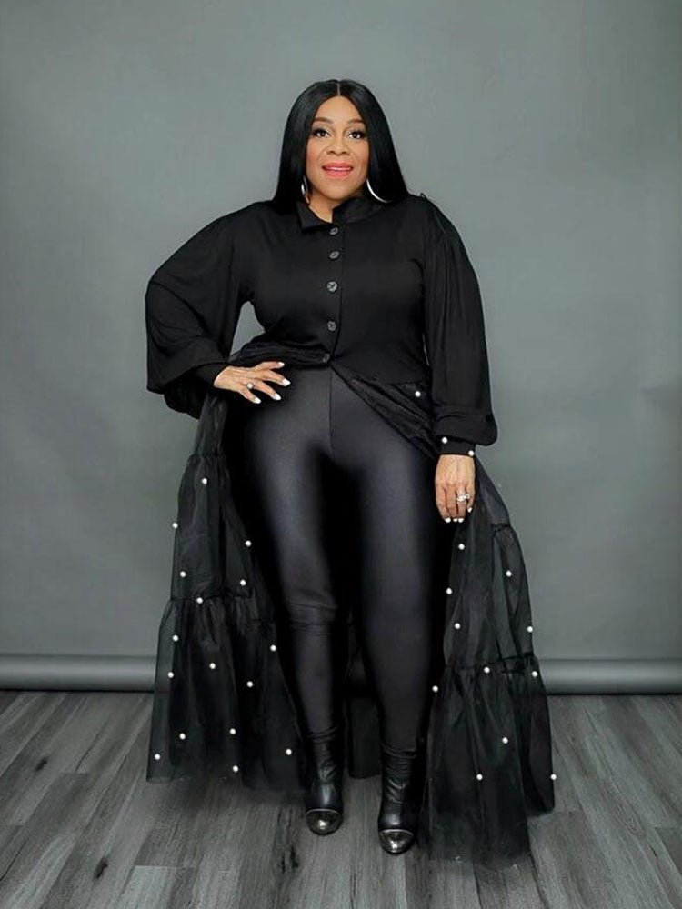 Elegant Casual Women Dresses Patchwork Transparent Mesh Dress with Pearls Plus Size - Polished 24/7