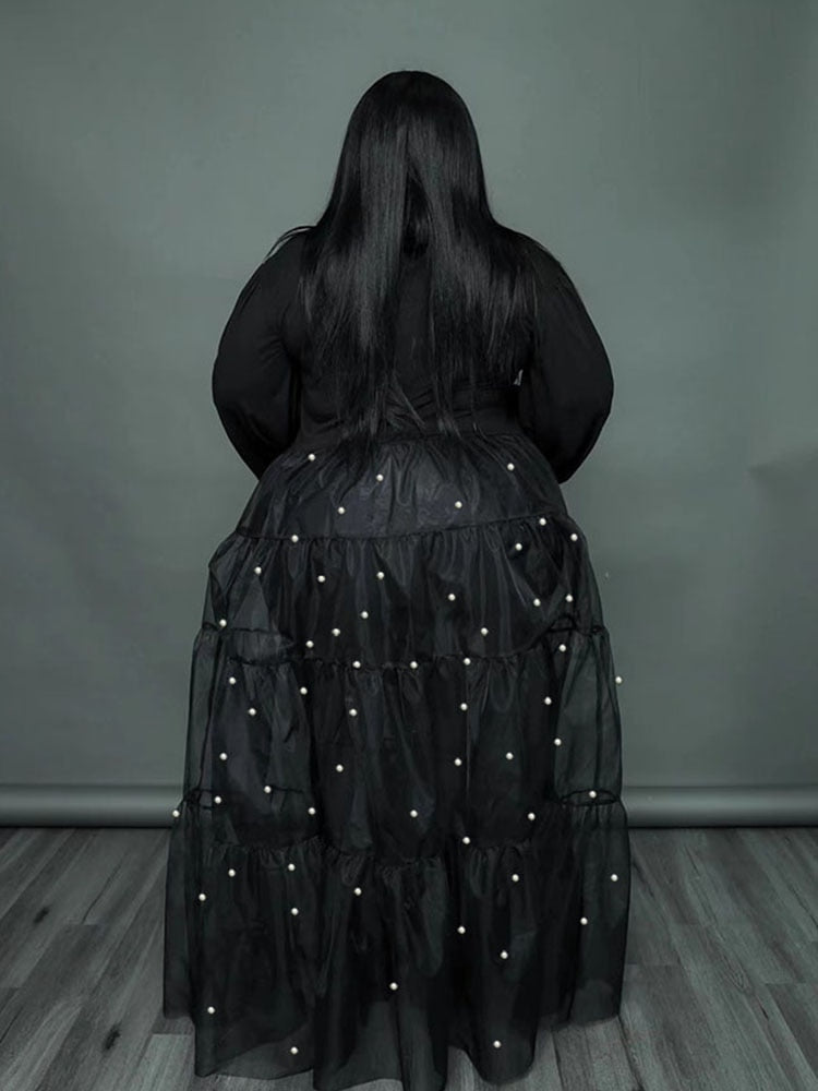 Elegant Casual Women Dresses Patchwork Transparent Mesh Dress with Pearls Plus Size - Polished 24/7