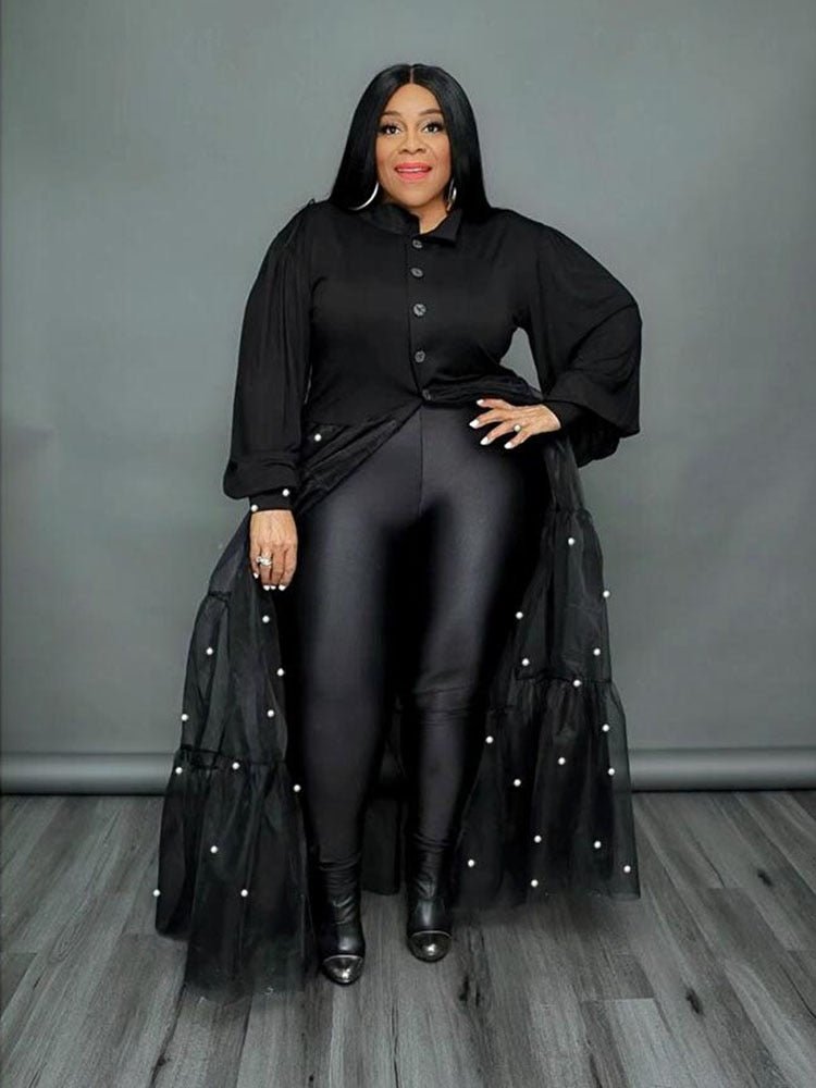 Elegant Casual Women Dresses Patchwork Transparent Mesh Dress with Pearls Plus Size - Polished 24/7