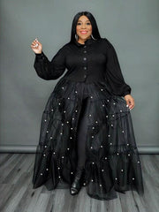 Elegant Casual Women Dresses Patchwork Transparent Mesh Dress with Pearls Plus Size - Polished 24/7