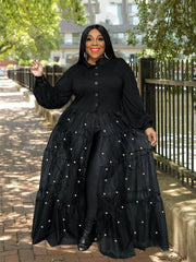 Elegant Casual Women Dresses Patchwork Transparent Mesh Dress with Pearls Plus Size - Polished 24/7