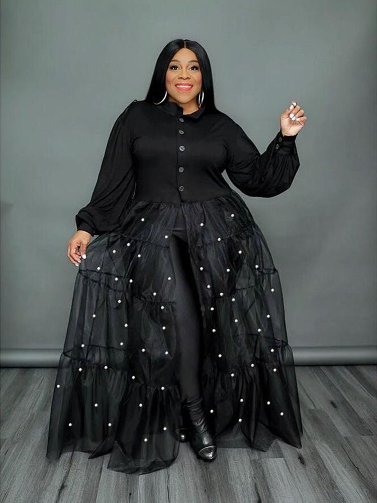 Elegant Casual Women Dresses Patchwork Transparent Mesh Dress with Pearls Plus Size - Polished 24/7