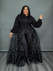 Elegant Casual Women Dresses Patchwork Transparent Mesh Dress with Pearls Plus Size - Polished 24/7