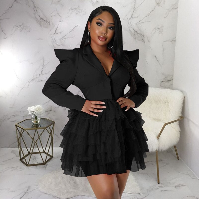 Elegant Layered Puffy Mesh Long Bodycon Dress - Polished 24/7