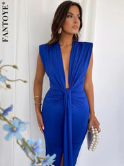 Fantoye Deep V Neck Ruched Maxi Dress Women Summer Sexy Sleeveless Bodycon Irregular Bandage Side Split Tunic Dress Female - Polished 24/7