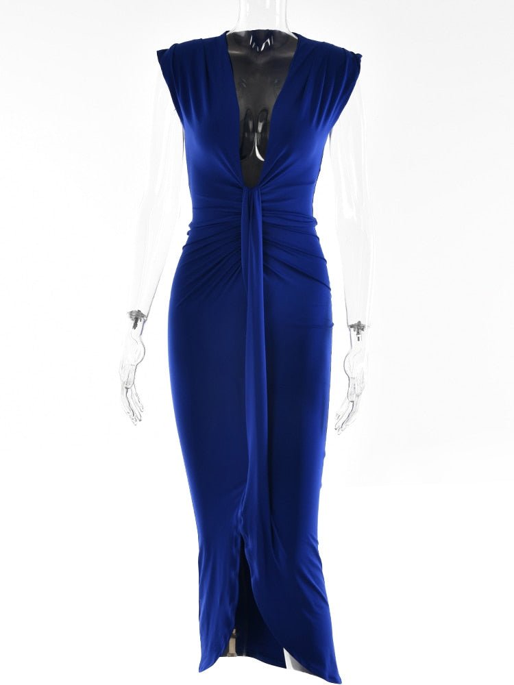 Fantoye Deep V Neck Ruched Maxi Dress Women Summer Sexy Sleeveless Bodycon Irregular Bandage Side Split Tunic Dress Female - Polished 24/7