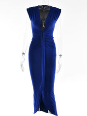 Fantoye Deep V Neck Ruched Maxi Dress Women Summer Sexy Sleeveless Bodycon Irregular Bandage Side Split Tunic Dress Female - Polished 24/7