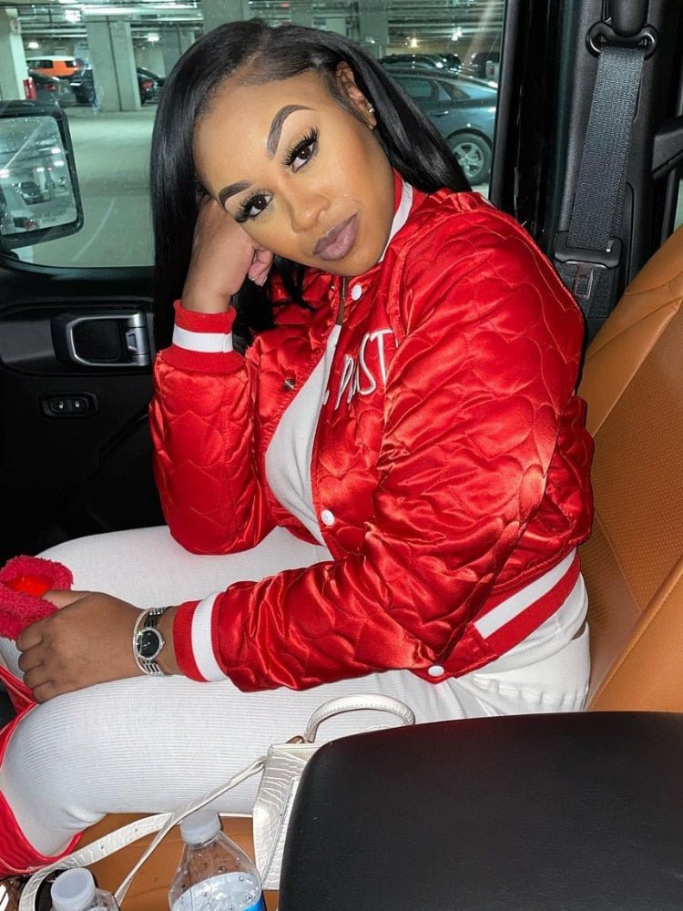 Fashion Varsity Jacket Women Autumn Winter 2023 Casual Letter Embroidery Quilted Coat Cotton Padded Jacket Streetwear Parkas Red - Polished 24/7